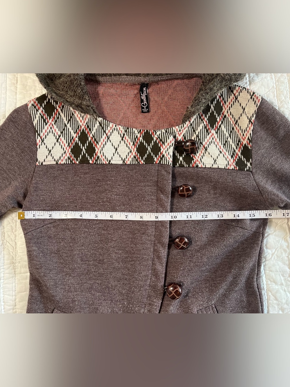 Gentle Fawn Brown Plaid Asymmetrical Button Hooded Jacket Size S Retro Mod - Picture 4 of 7